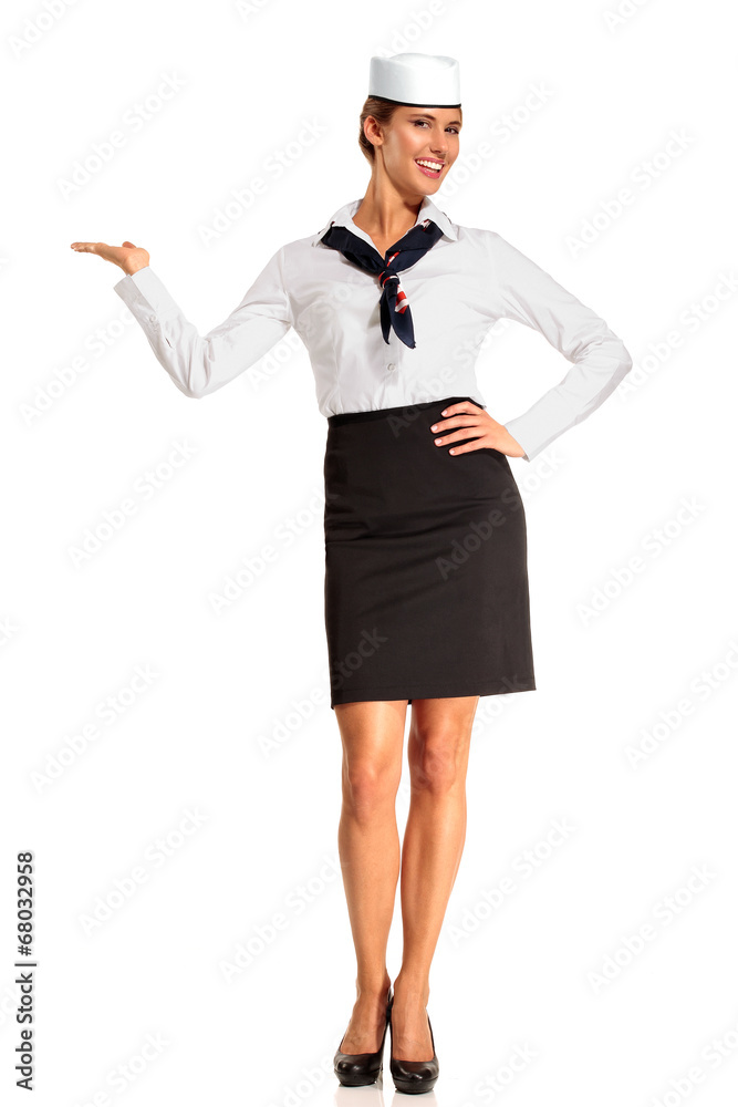 Charming flight stewardess showing various gesture Charming flight stewardess showing various gesture