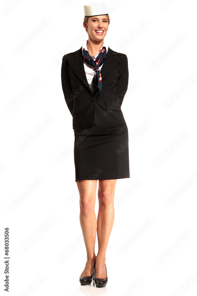 Charming flight stewardess showing various gesture