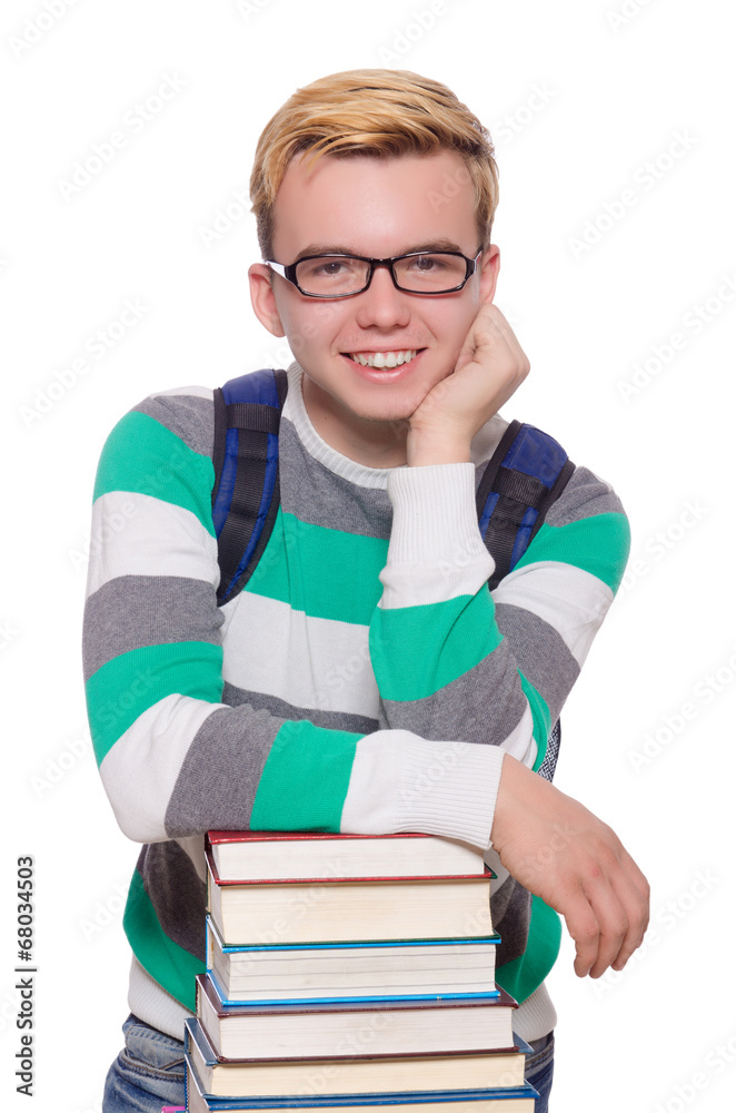 Funny student with stack of books Funny student with stack of books