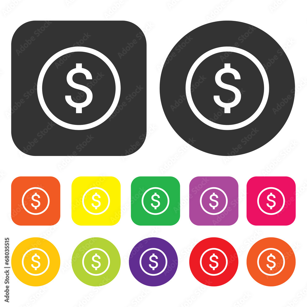 Dollar icon. eCommerce symbol. Round and rectangle colourful 12 Dollar icon. eCommerce symbol. Round and rectangle colourful 12