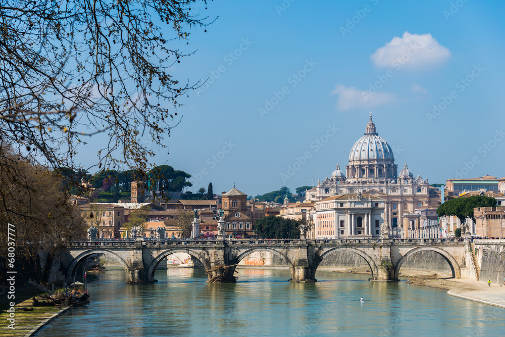 Saint Peter cathedral over Tiber river in Rome Italy