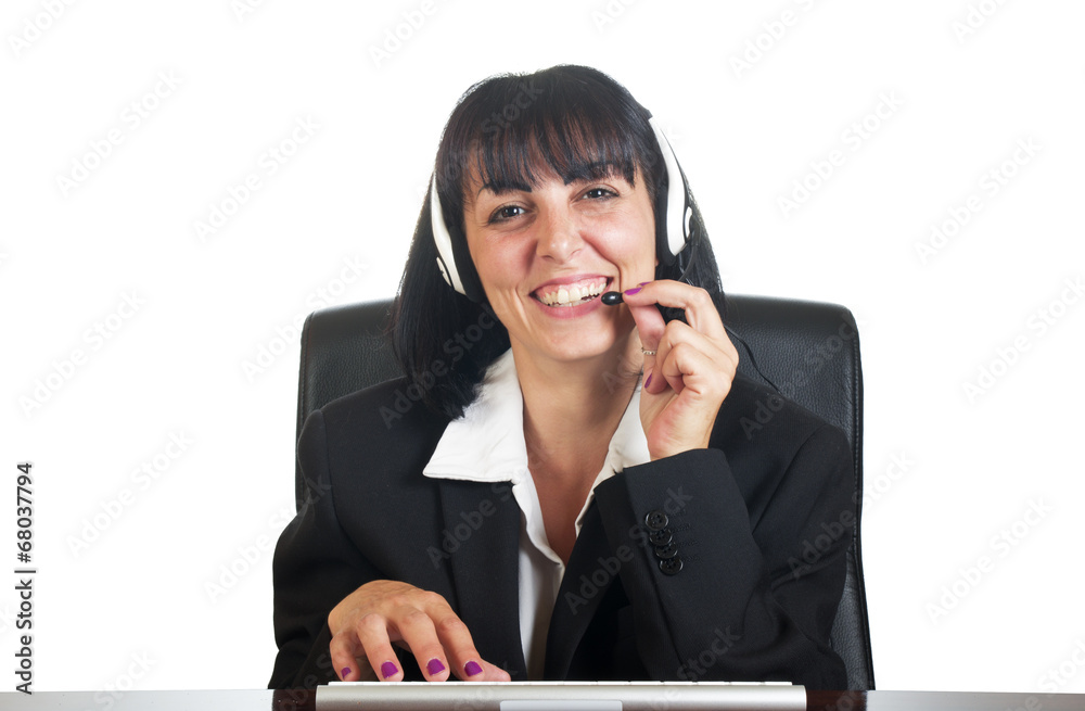Woman support phone operator in headset, at office Woman support phone operator in headset, at office