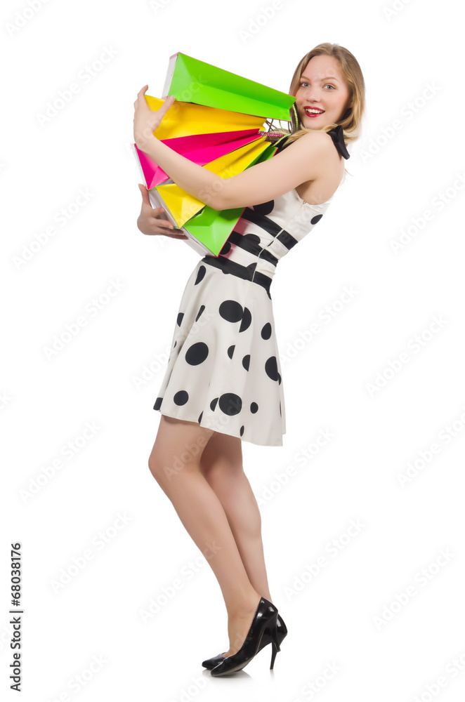 Woman after shopping spree on white Woman after shopping spree on white