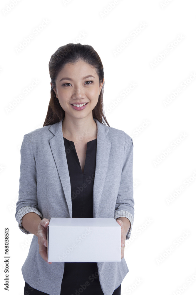 young business woman happy smile hold gift box in hands young business woman happy smile hold gift box in hands