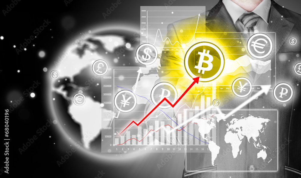 Obraz premium Choosing bitcoins, businessman pressing touch screen button.