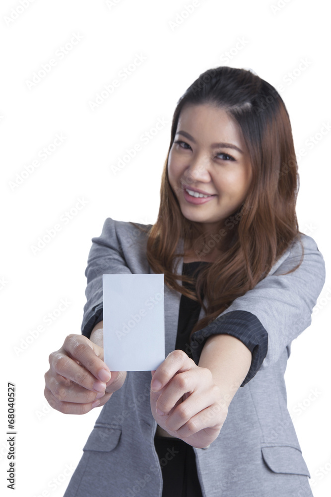 Businesswoman Holding Blank Credit Card on White Businesswoman Holding Blank Credit Card on White
