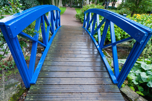 Blue small bridge over river stream creek in garden. Nature.