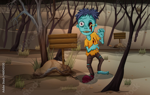A zombie at the forest with empty signboards