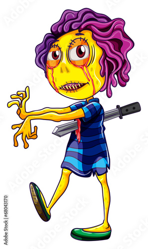 A scary zombie stabbed with a sword