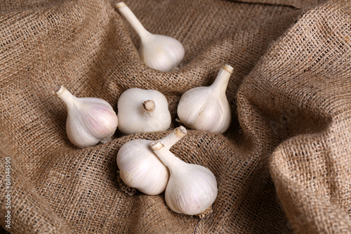 Fresh garlic on sackcloth background