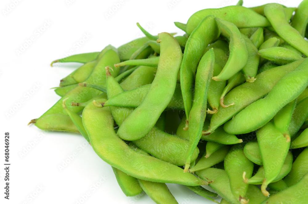 Green soybeans on white background Green soybeans on white background
