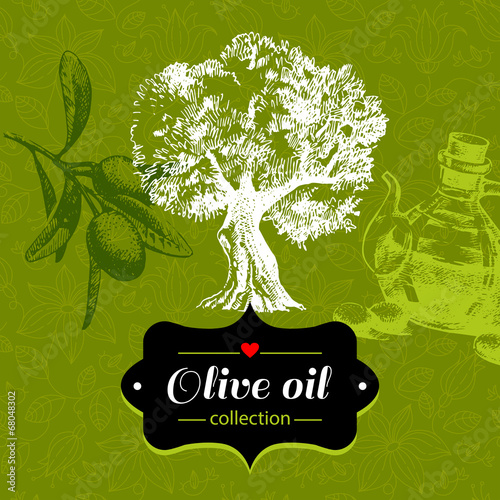 Vintage olive background with hand drawn sketch illustration and
