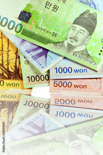 Current Use of South Korean Won Currency in Different value. photo