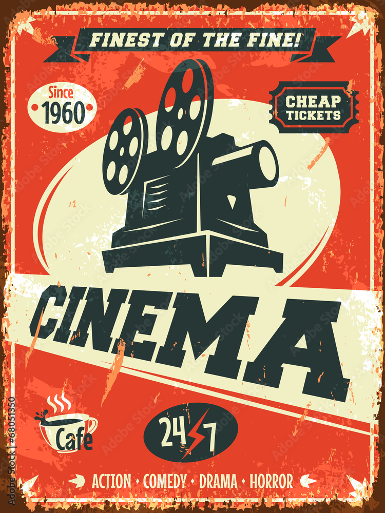 Grunge retro cinema poster. Vector illustration. Stock Vector