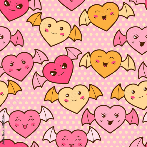 Seamless kawaii cartoon pattern with cute hearts.