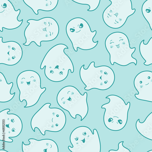 Seamless kawaii cartoon pattern with cute ghosts.