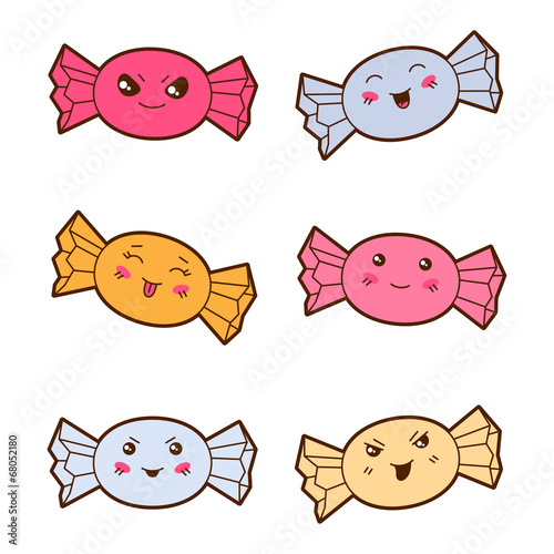 Set of kawaii candies with different facial expressions.