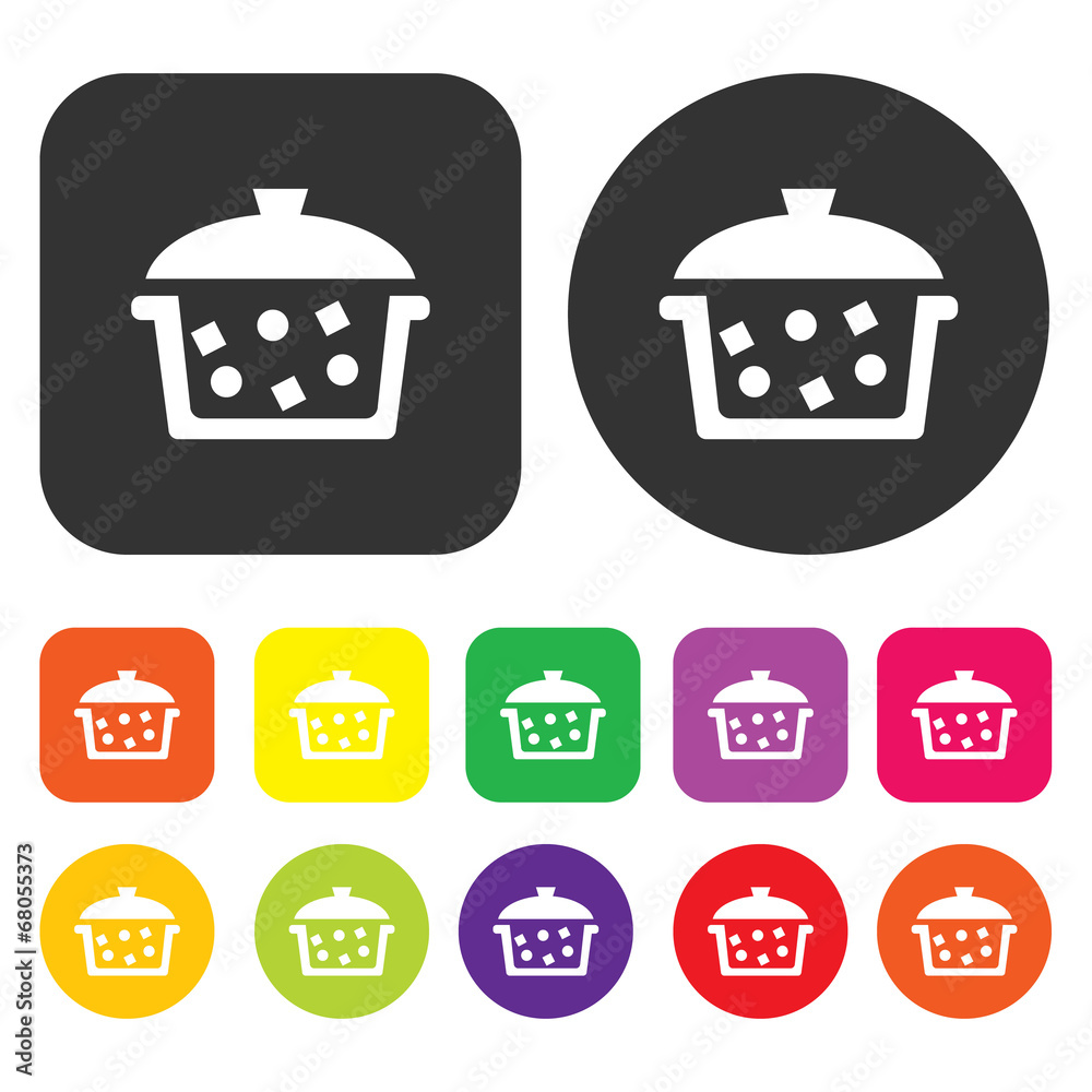 Pot icon. Kitchen symbol. Round and rectangle colourful 12 butto Pot icon. Kitchen symbol. Round and rectangle colourful 12 butto