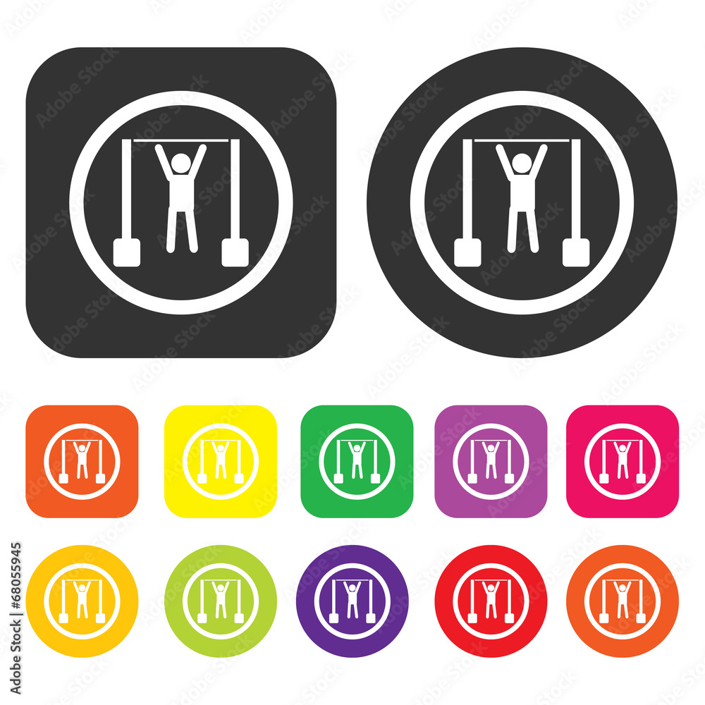 Weight training icon. Health and fitness symbol. Round and recta Weight training icon. Health and fitness symbol. Round and recta
