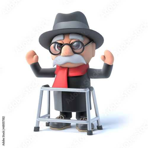 3d Grandpa with walking frame waves his arms in the air