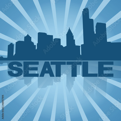 Seattle skyline reflected with blue sunburst illustration