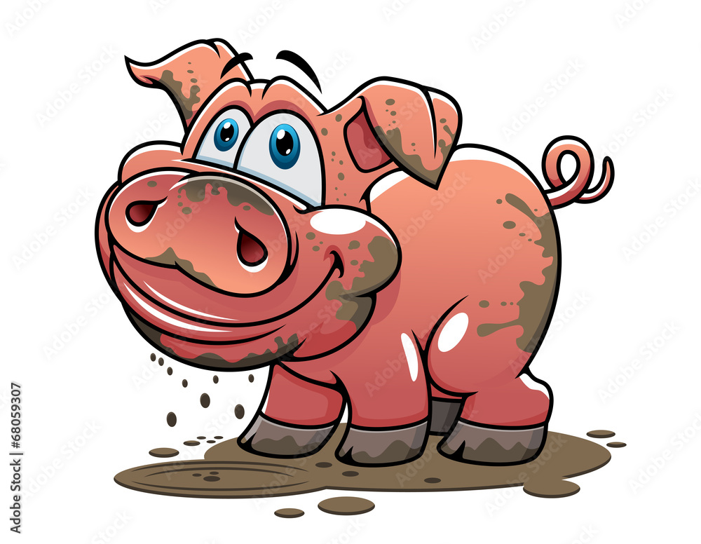 Fototapeta premium Cute little muddy cartoon pig