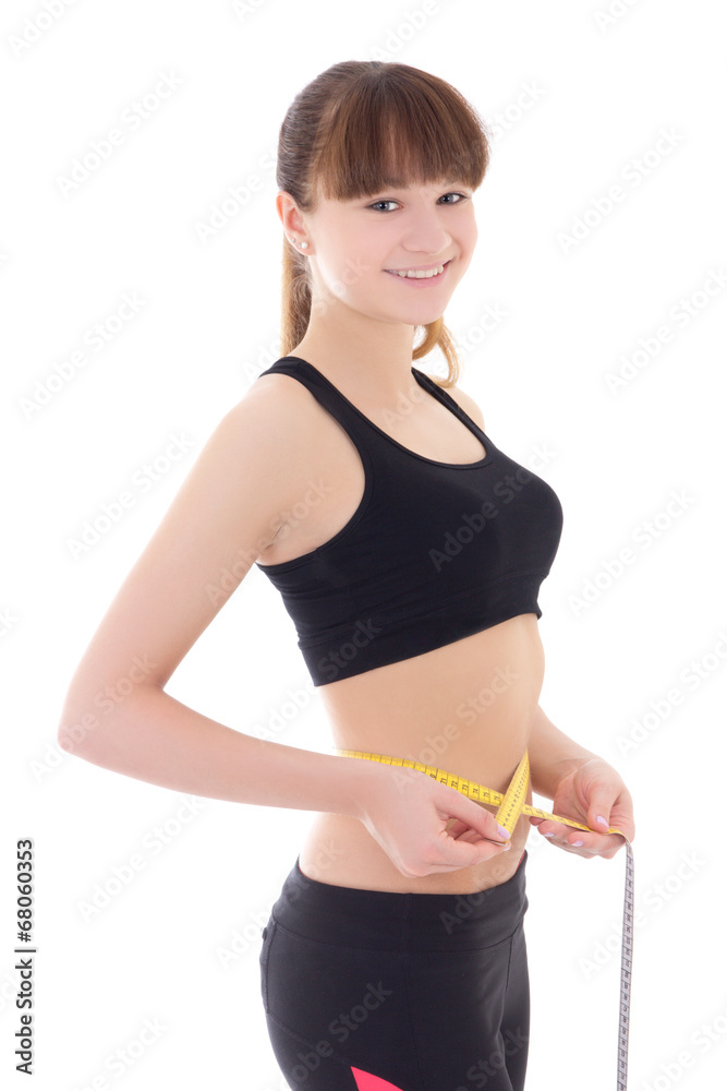 young beautiful slim sporty woman with measure tape isolated on young beautiful slim sporty woman with measure tape isolated on
