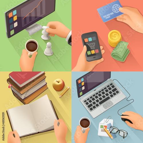 Workplace vector background flat design, set