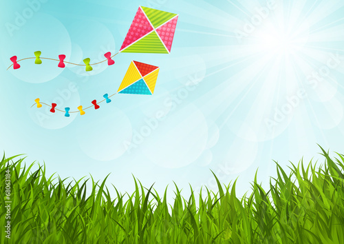 Sunny meadow with color kites