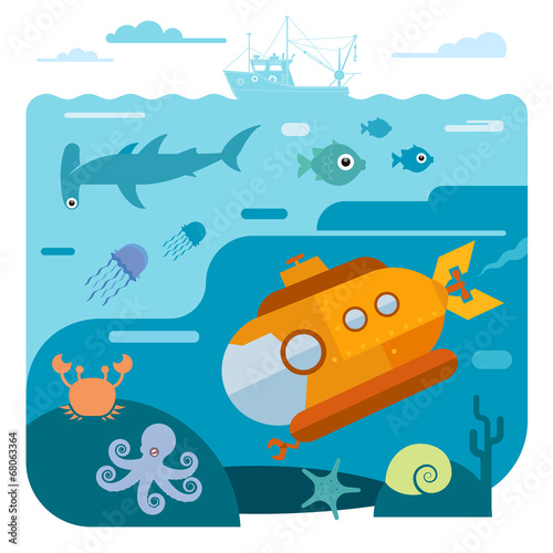 Flat vector illustration of underwater sea life