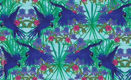 Seamless pattern with hyacinth macaws on palm leaves .