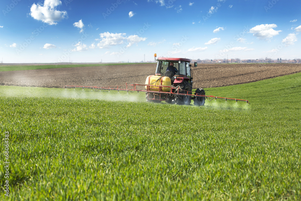 Farmer spraying wheat field with tractor sprayer Farmer spraying wheat field with tractor sprayer