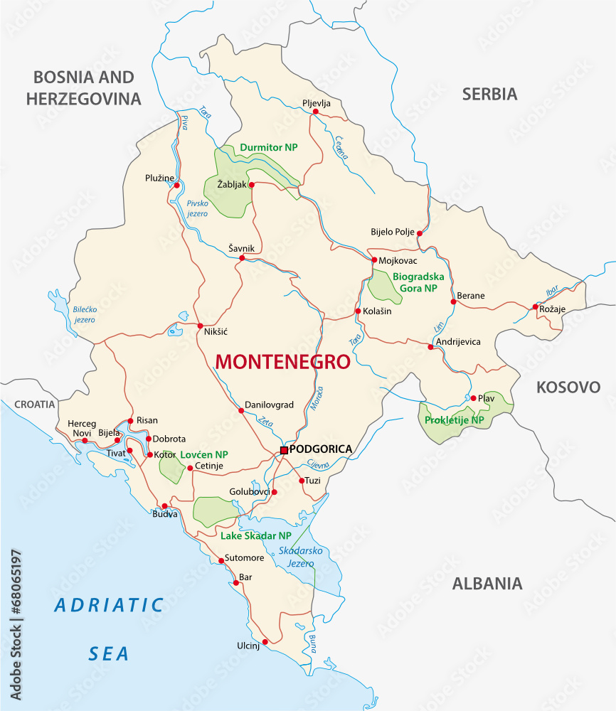 straßenkarte von Montenegro mit Nationalparks