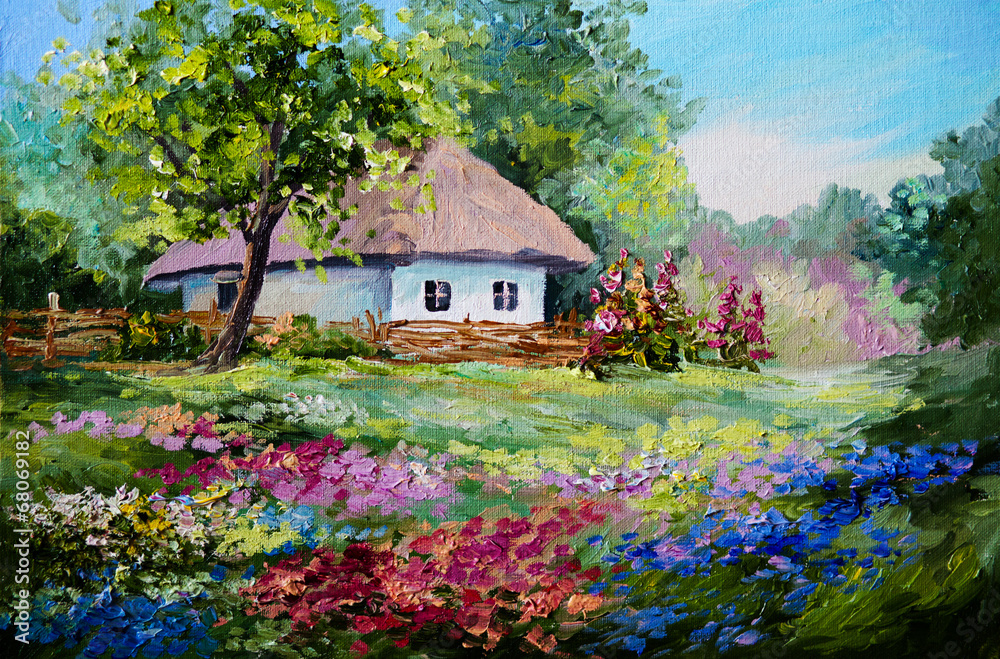 Fototapeta premium oil painting - house in the village