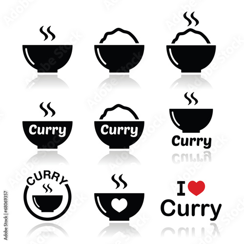 Curry, Indian spicy food icons set