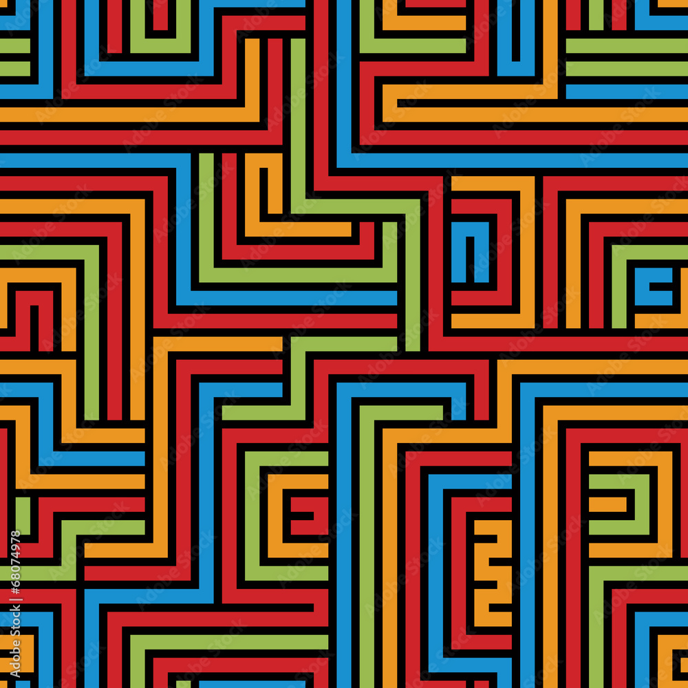 Colorful maze seamless pattern, geometric simple vector