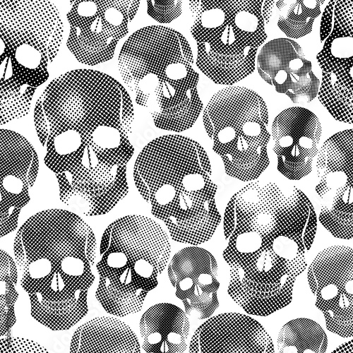 Skulls with halftone print texture seamless background, black