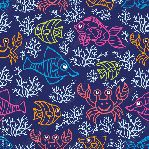 Doodle seamless pattern .Sea Life.Fish and crabs