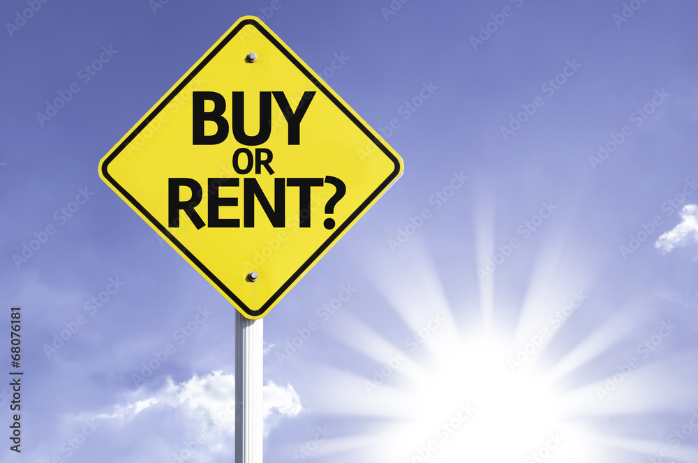 Buy or Rent? road sign with sun background