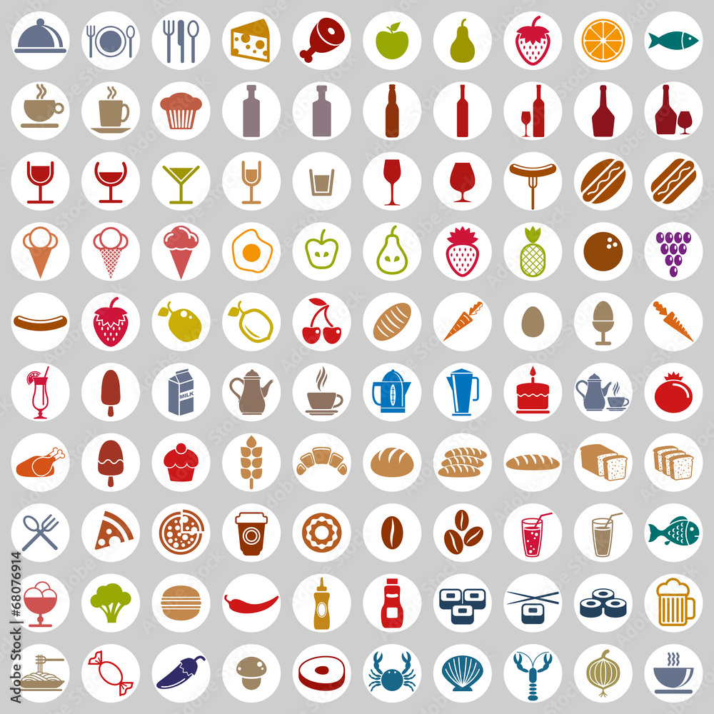 100 food and drink icons set. 100 food and drink icons set.