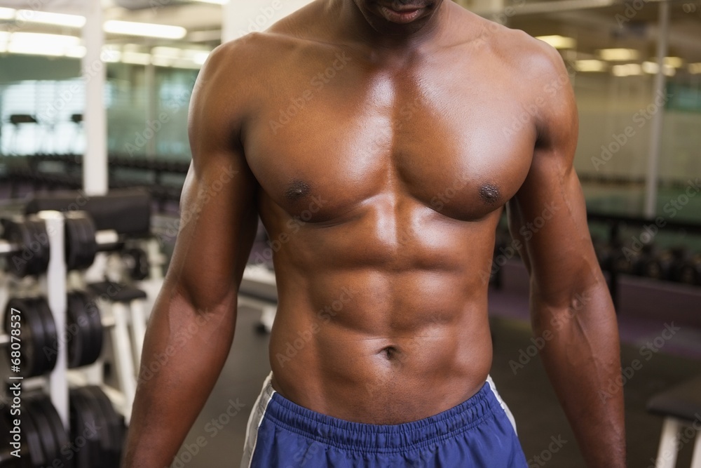 Mid section of a shirtless muscular man in gym Mid section of a shirtless muscular man in gym