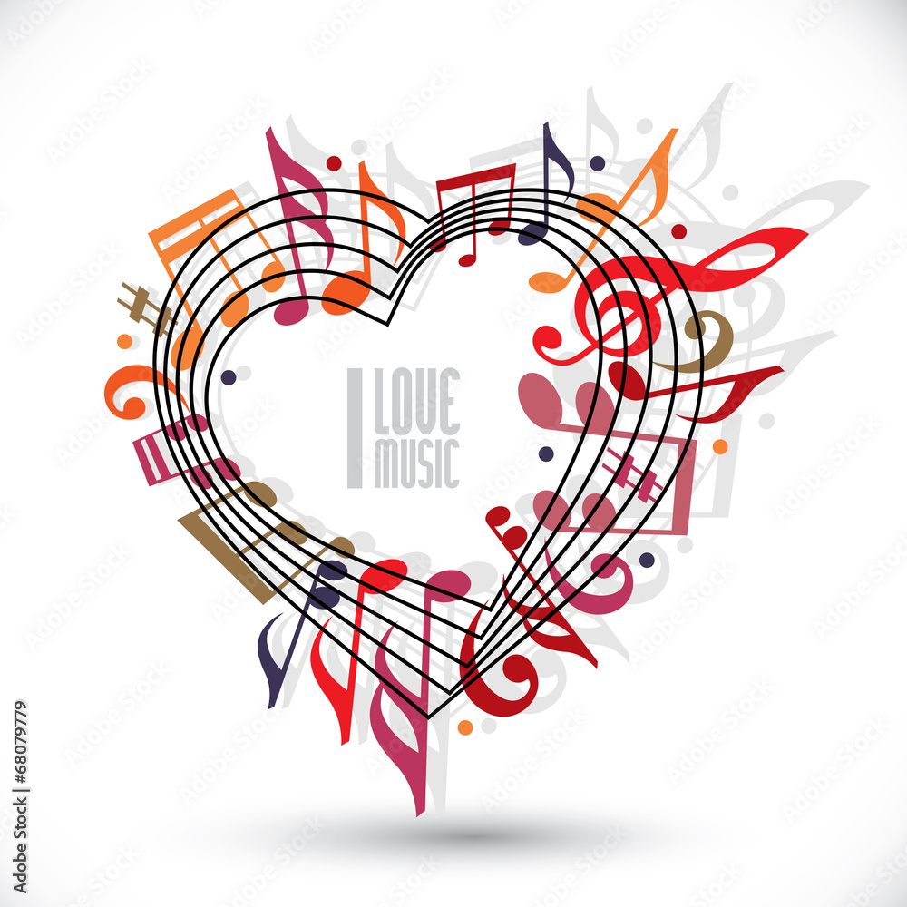 Naklejka premium I love music, heart made with musical notes.