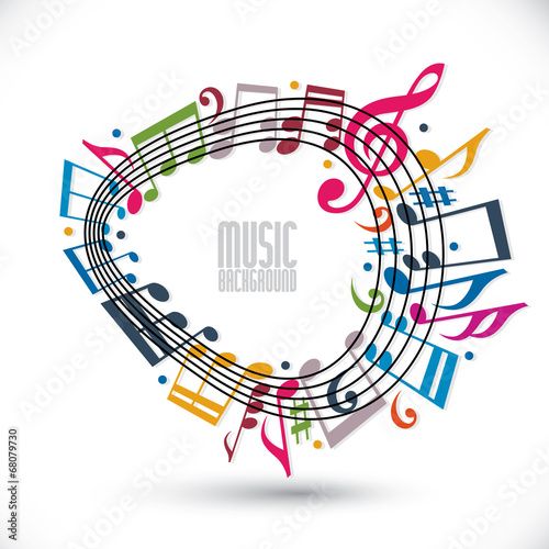 Colorful music background with clef and notes.