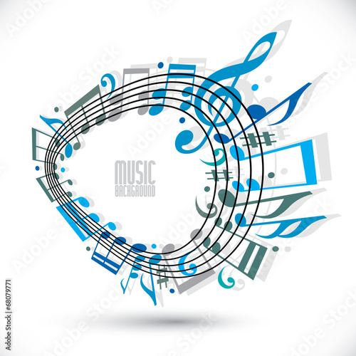 Blue music background with clef and notes.