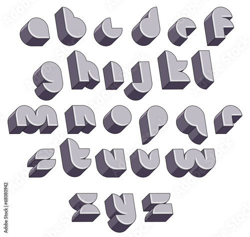 3d futuristic round font, dimensional alphabet.