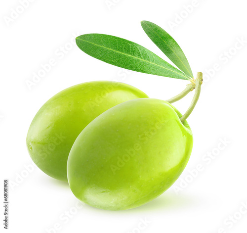 Isolated olives. Pair of green olive fruits with leaf isolated on white background