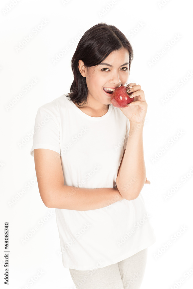 Smiling woman with apple isolated on white Smiling woman with apple isolated on white