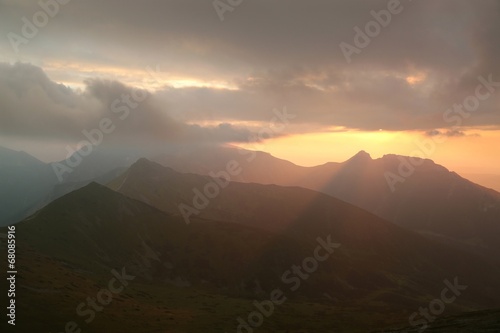 Sunset over the peaks in the Carpathian Mountains, Poland