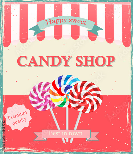 Vintage candy shop poster template, vector illustration