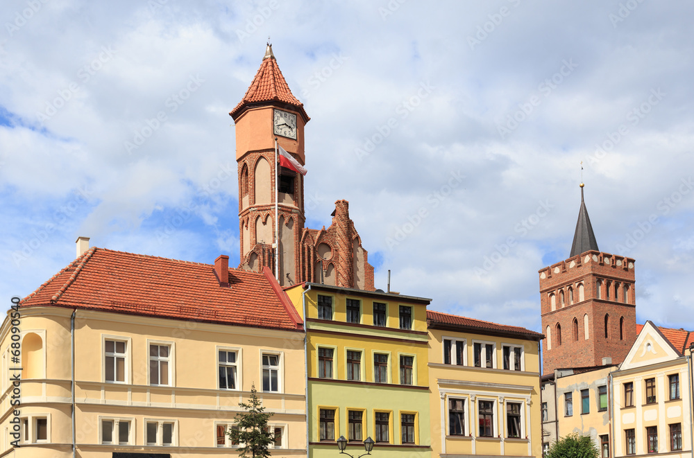 Old town market in Brodnica, town hall tower&Catherine church